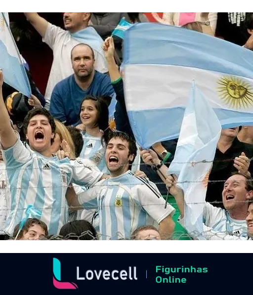 Torcedores da Argentina com camisas azul e branco celebrando em estádio, agitando bandeiras com sol de maio