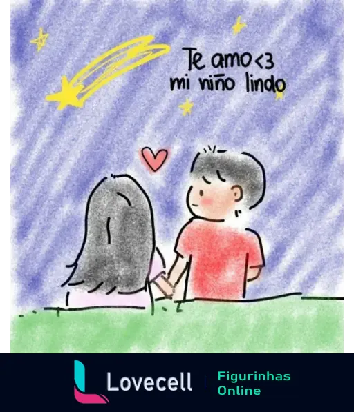 Desenho de um casal observando estrelas cadentes com a mensagem 'Te amo mi niño lindo'. Arte emocional com frases em espanhol.