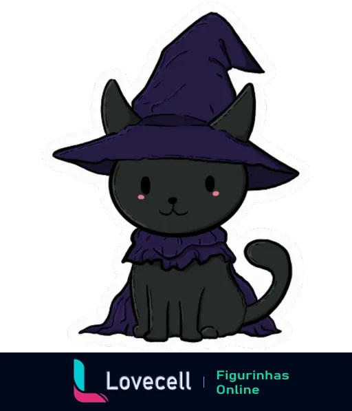 Gato preto adorável usando um chapéu de bruxa roxo, perfeito para o tema Halloween Cat, com um toque mágico e fofo.