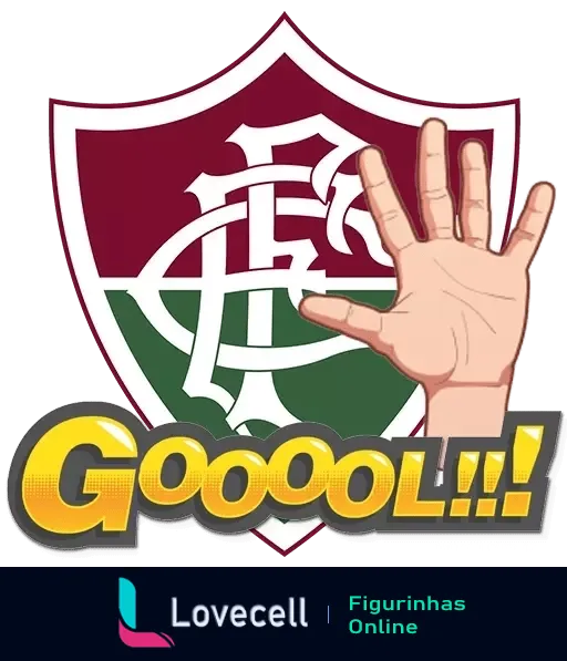 Escudo do Fluminense com mão aberta e texto 'Goooool!!!' em amarelo, celebrando um gol em partidas de futebol