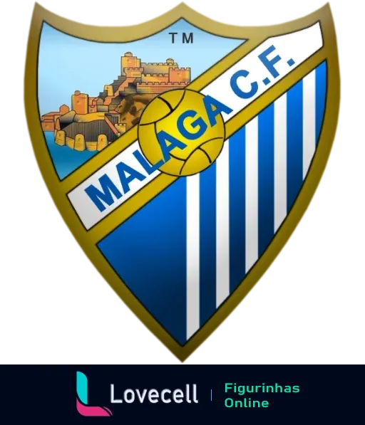 Figurinha do escudo do Málaga C.F., um time de futebol da cidade de Málaga, na Espanha, com seu brasão tradicional em azul e dourado.