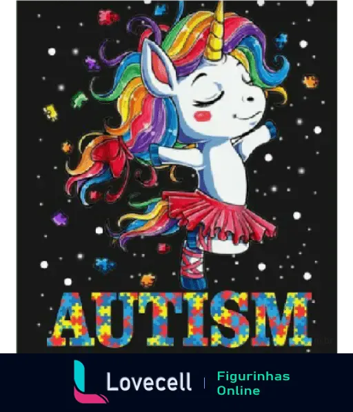 Um unicórnio colorido com cabelo arco-íris e saia vermelha, dançando em um fundo preto. A palavra 'AUTISM' está escrita em letras coloridas. Tem um toque alegre e inclusivo.