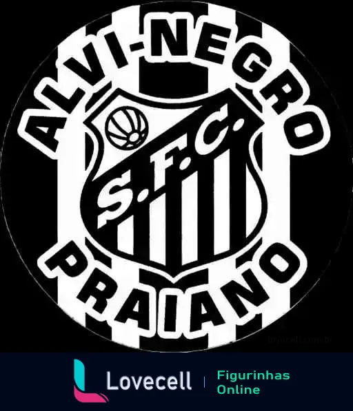 Emblema do Alvi-Negro Praiano S.F.C. com bola de basquete, escudo listrado verticalmente e iniciais visíveis