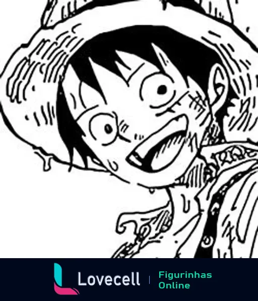 Luffy, personagem de One Piece, sorrindo amplamente, usando seu icônico chapéu de palha. Expressão de alegria e diversão.