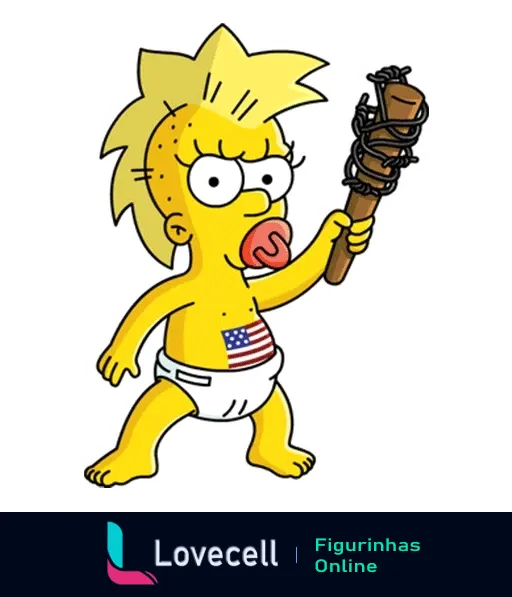 Maggie Simpson correndo de fralda com bandeira dos EUA segurando tocha olímpica, expressão surpresa e língua de fora