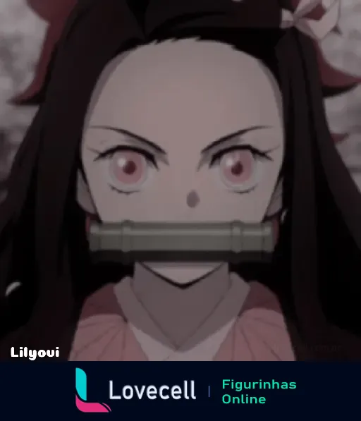 Imagem de Nezuko Kamado, personagem de Demon Slayer, com olhar intenso e um bocal de bambu na boca.