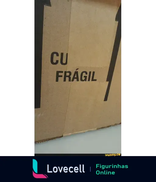 Caixa de papelão com a etiqueta 'CU FRÁGIL' destacando a necessidade de cuidado ao manusear a embalagem. Meme relacionado a fragilidade.