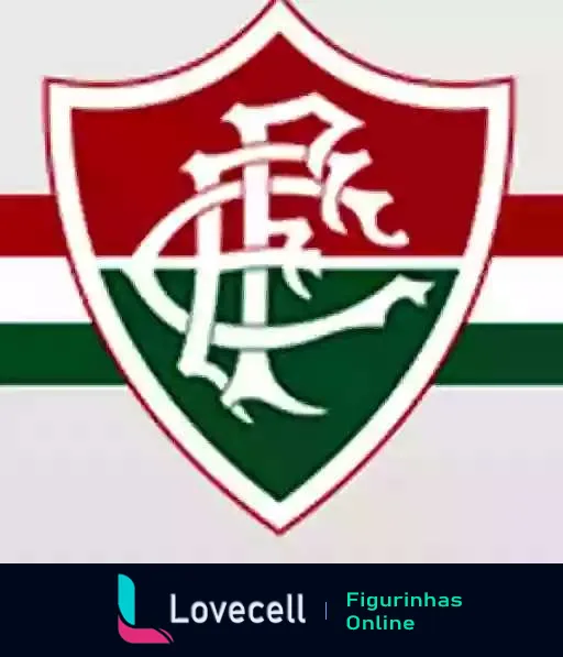 Figurinha do escudo do Fluminense Football Club com fundo branco e listras verde e grená, e monograma FFC entrelaçadas na cor branca