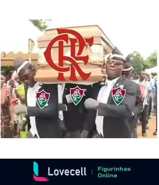 Figurinha de cortejo fúnebre simbólico com homens carregando caixão do Fluminense e logo do Flamengo, destacando rivalidade entre os clubes