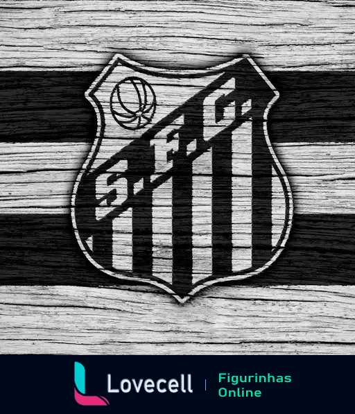 Escudo do Santos Futebol Clube em preto e branco sobre fundo de madeira texturizada com listras verticais, simbolizando tradição e história do clube