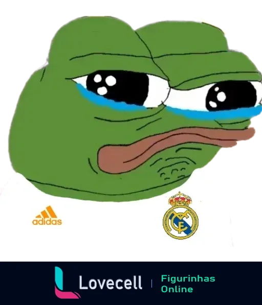 Meme do Pepe the Frog chorando, vestido com camisa do Real Madrid, expressando tristeza e decepção.