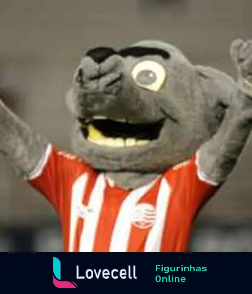 Mascote do Náutico em formato de tigre cinza, vestido com a camisa do time, celebrando com braços levantados em um estádio