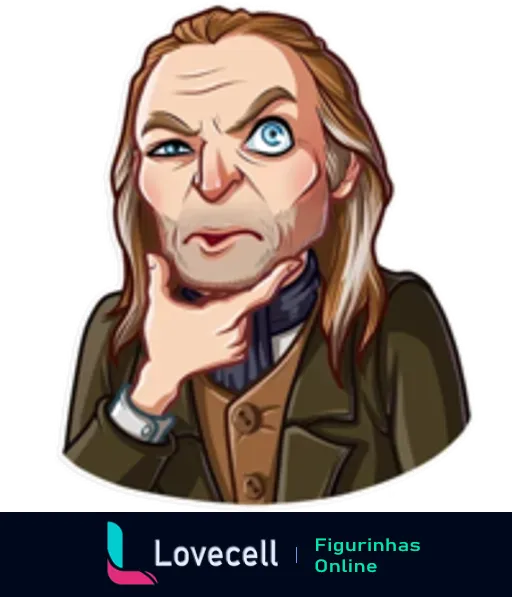 Figurinha de caricatura de Mad-Eye Moody de Harry Potter com olho mágico azul, expressão intensa, casaco marrom e cachecol azul