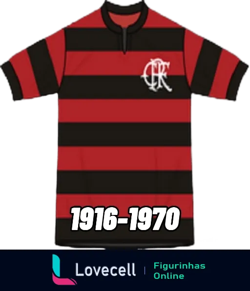 Figurinha da camisa histórica do Clube de Regatas do Flamengo com faixas horizontais preto e vermelho e emblema no peito, utilizada entre 1916 e 1970