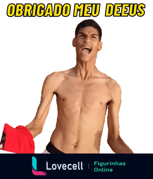 Figurinha de jogador de futebol sem camisa celebrando emocionado com os braços levantados e olhos fechados, gritando 'OBRIGADO MEU DEUS' na parte superior