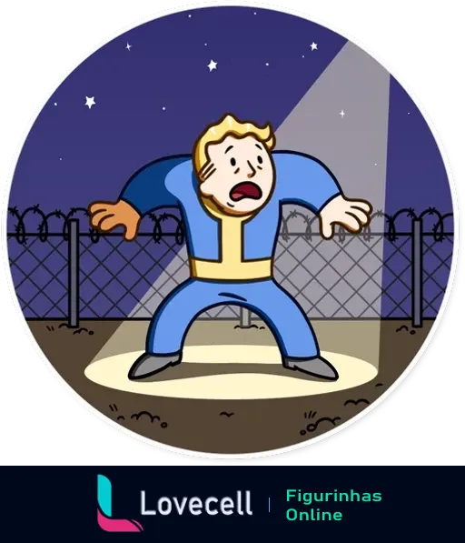 Figurinha do Fallout Vault Boy vestido em um traje azul, parecendo surpreso e assustado enquanto está sob um holofote à noite.