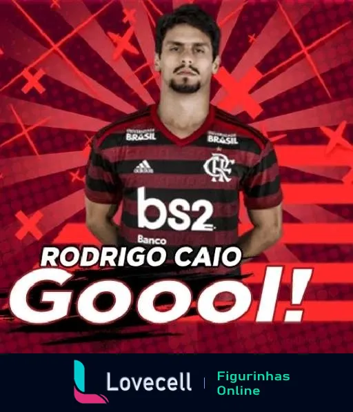 Rodrigo Caio do Flamengo comemorando gol, vestindo uniforme do clube com texto 'Gooool!' em fundo vibrante nas cores do time