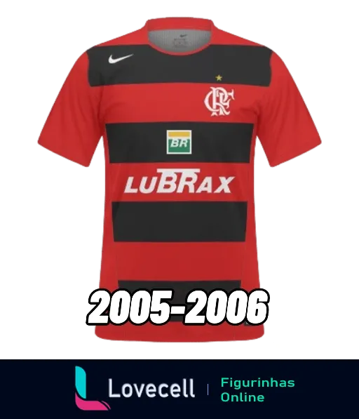 Figurinha da camisa do Flamengo de 2005-2006, em cores rubro-negra, com logos da Petrobras, Lubrax e Nike