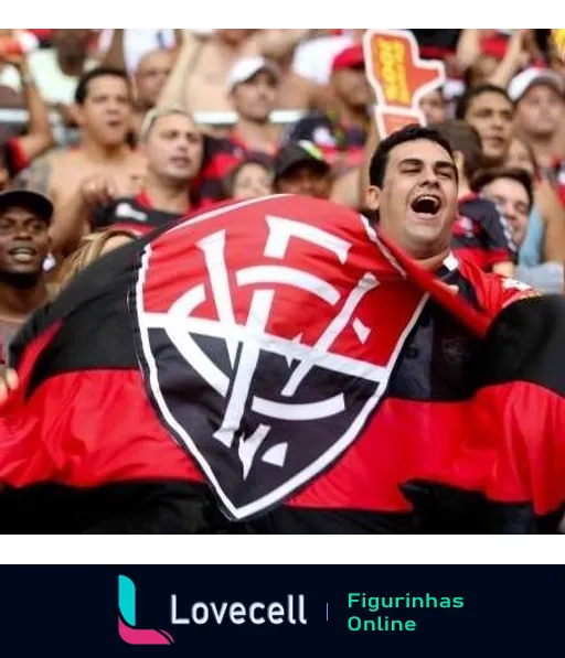 Torcedor do Flamengo com braços abertos segurando bandeira grande vermelha e preta em estádio, com outros torcedores celebrando ao redor