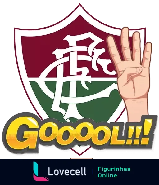 Figurinha do WhatsApp com escudo do Fluminense Football Club e mão fazendo sinal de vitória, ao lado da palavra 'Gooooool!!!' em destaque, design vibrante e animado para comemorar gol do time.