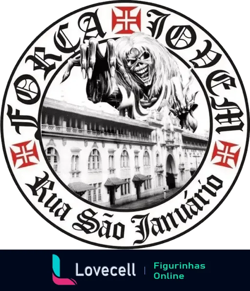 Logo da Força Jovem do Vasco com caveira e Theatro Municipal do Rio de Janeiro e inscrição Rua São Januário