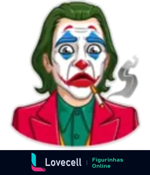 Figurinha do Coringa caricato com blazer vermelho, camisa verde, fumando charuto e com expressão triste, destacando pintura facial nos olhos e boca vermelha