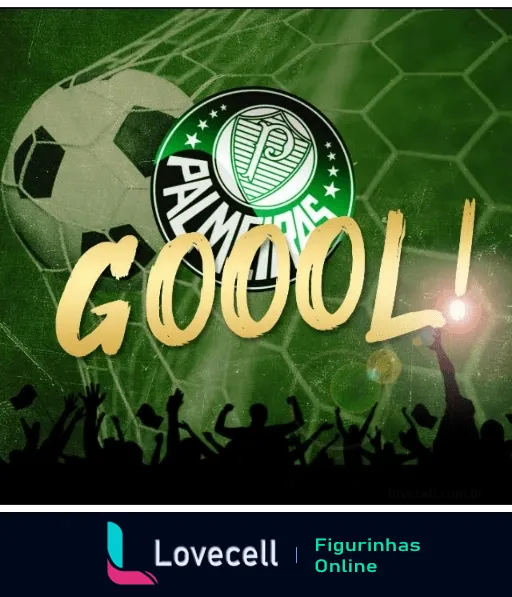 Figurinha comemorativa de gol do Palmeiras mostrando uma bola de futebol entrando no gol, escudo do Palmeiras, palavra 'GOOOL!' em destaque e silhuetas de torcedores animados em fundo verde