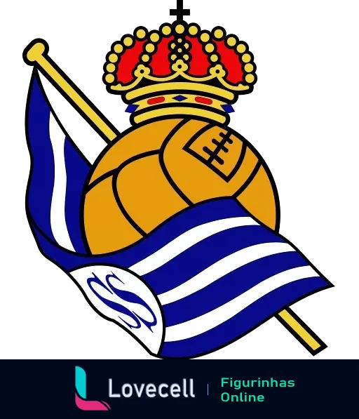 Emblema da Real Sociedad com uma coroa real e uma bandeira azul e branca com listras onduladas, símbolo de um famoso time de futebol espanhol.