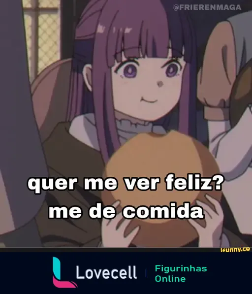 Personagem de anime sorrindo enquanto segura um pão, com o texto 'quer me ver feliz? me de comida' em destaque. Meme popular.