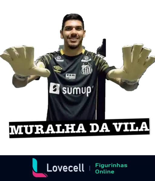 Goleiro do Santos Futebol Clube sorridente com luvas estendidas para a câmera, uniforme com logos SumUp e Tekbond