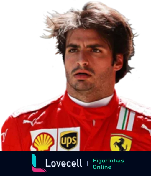 Piloto masculino da Ferrari com roupa de corrida e logotipos da UPS e Shell, cabelos castanhos e expressão séria em fundo neutro