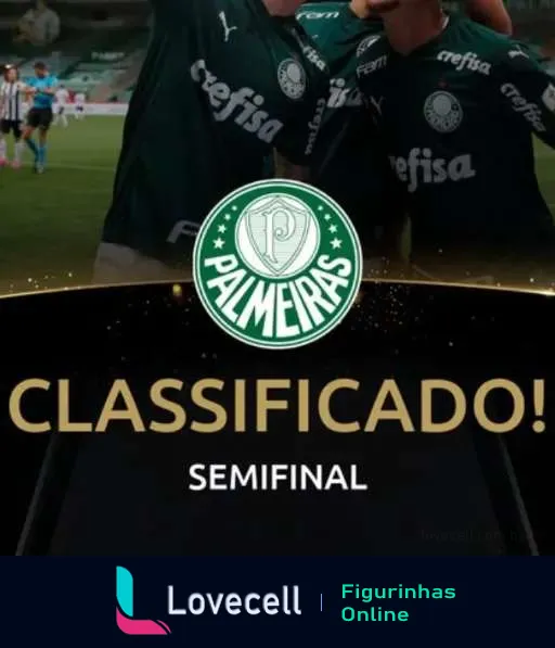 Dois jogadores do Palmeiras se abraçando com o escudo do time e a palavra 'CLASSIFICADO' em destaque sobre fundo preto e dourado