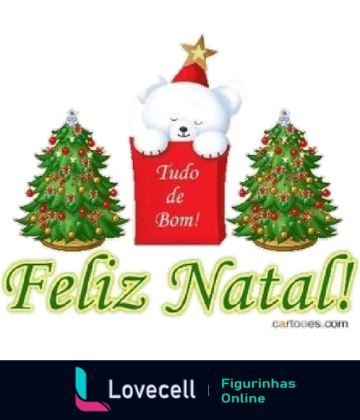 Figurinha de Natal com urso polar fofo saindo de presente, entre duas árvores decoradas e faixa vermelha com texto Tudo de Bom! Feliz Natal!