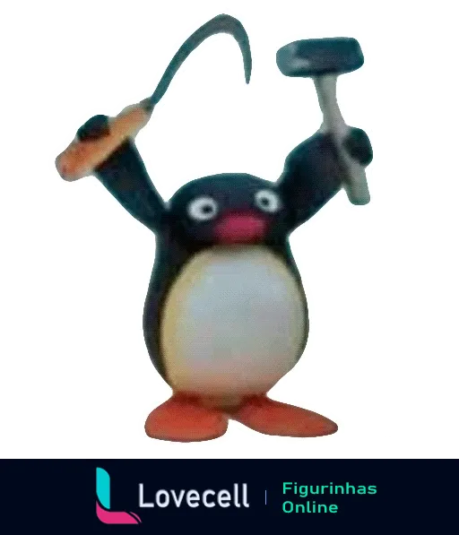 Figurinha de um pinguim estilo cartoon levantando uma foice e um martelo, com aparência alegre. Título: 'Pingu com Foice e Martelo'. Tags: 'comunista, Pingu, foice e martelo'.