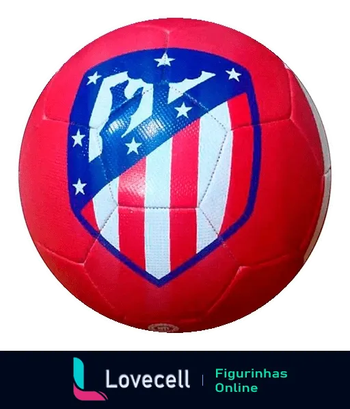 Figurinha de bola de futebol do Atlético de Madrid com listras vermelhas e brancas e estrela azul no escudo