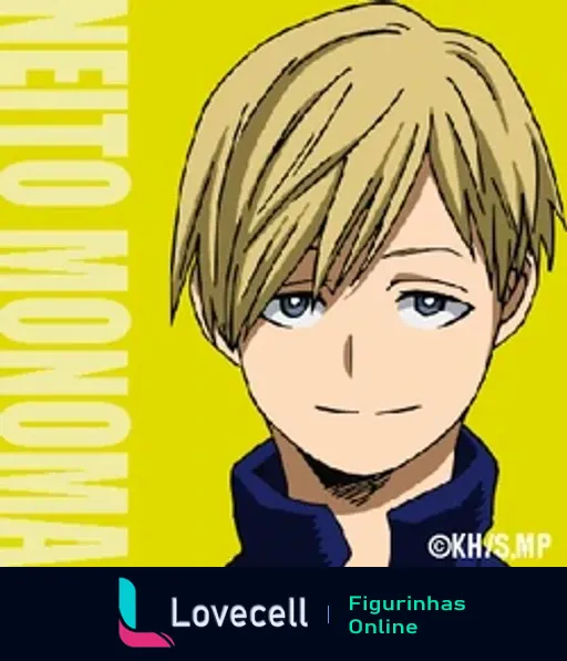 Ilustração de Neto Monoma, personagem do anime My Hero Academia Class 1B, com cabelo loiro e expressão confiante, sobre fundo amarelo.