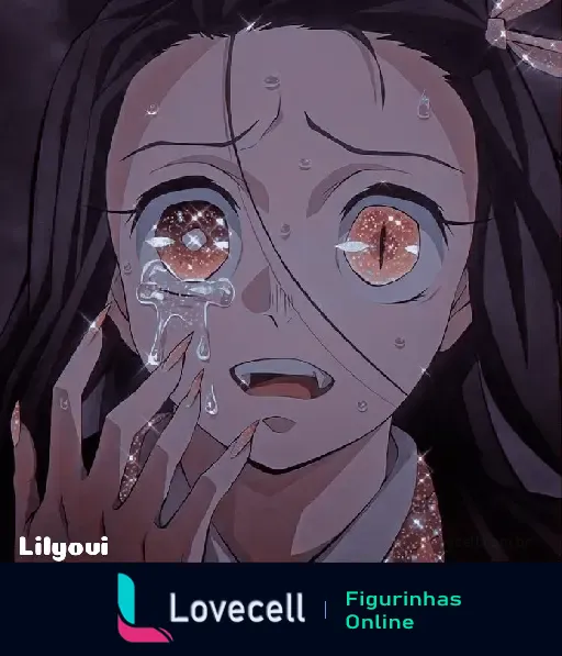 Ilustração de Nezuko Kamado chorando com lágrimas cristalinas e olhos brilhantes, destacando dor emocional intensa. Arte de Lilyoui.