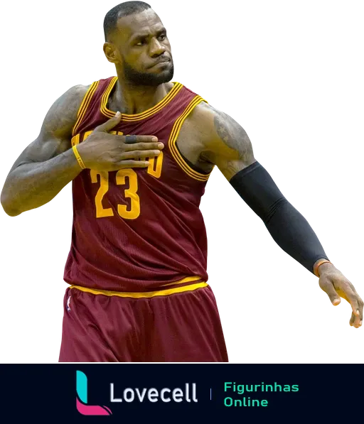 Figurinha de Lebron James em seu uniforme de basquete número 23, fazendo um gesto com a mão no peito e expressão concentrada.