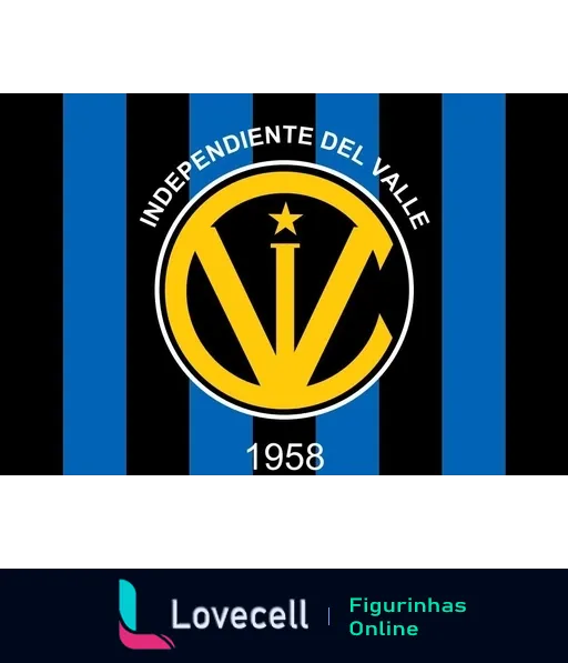 Logo do clube de futebol Independiente del Valle com escudo, letras IDV sobrepostas, estrela e ano de fundação 1958 em fundo listrado azul e preto