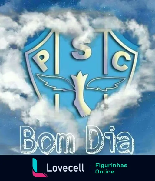 Figurinha de Bom Dia com escudo do Paysandu Sport Club, asas e letras 'PSC' em fundo azul com nuvens.