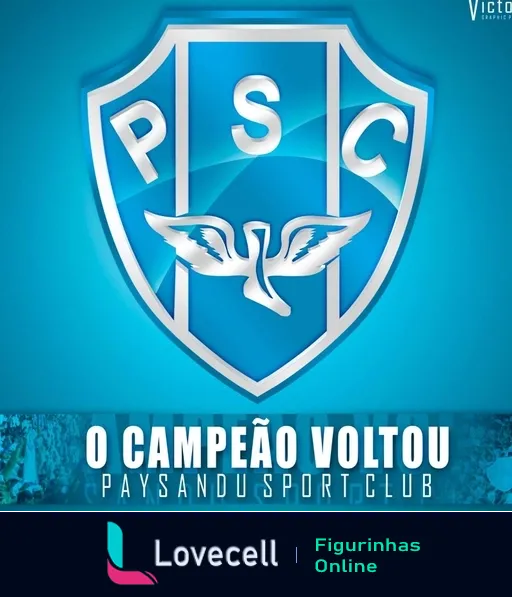 Escudo do Paysandu Sport Club em azul com as letras PSC, pássaro ao centro e slogan 'O campeão voltou' na parte inferior