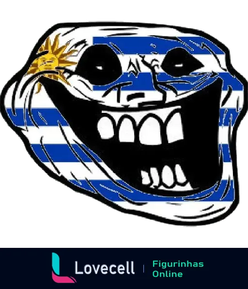 Figurinha de Troll Face com a bandeira do Uruguai sobreposta. O rosto quase desnudo exibe um sorriso largo e amarelo de 'trolagem'.