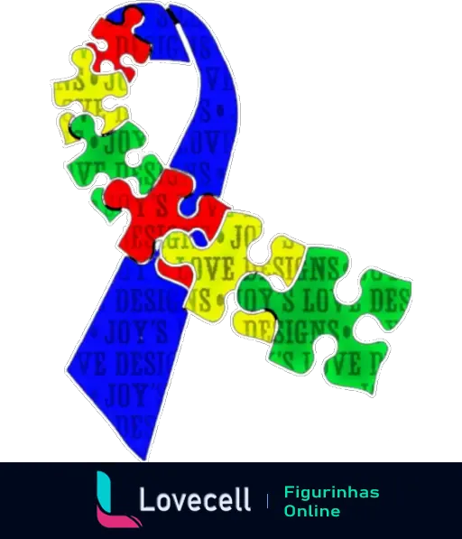 Imagem de uma fita azul com peças de quebra-cabeça coloridas, representando a conscientização sobre o autismo com as palavras 'LOVE' e 'JOY'S DESIGNS' inscritas.