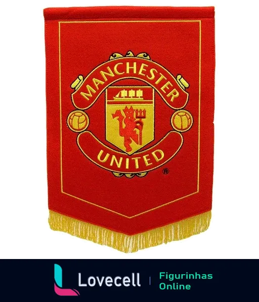 Bandeira vermelha do Manchester United com escudo contendo águia e bola de futebol, cercado por ornamento dourado com franjas