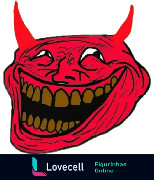 Imagem do Troll Face vermelho com chifres de diabo mostrando um sorriso maligno. Ideal para representar brincadeiras e piadas maliciosas.