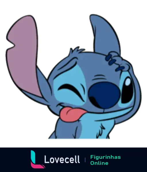 Stitch, personagem de animação popular, com uma expressão divertida e engraçada no rosto, língua de fora e mão na cabeça.