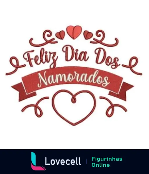 Figurinha de 'Feliz Dia dos Namorados' com faixa vermelha e marrom, decorada com corações e arabescos, e um coração abaixo do texto