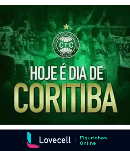 Figurinha com a frase 'HOJE É DIA DE CORITIBA' em destaque e o emblema do Coritiba Foot Ball Club ao fundo, sobre um fundo verde vibrante