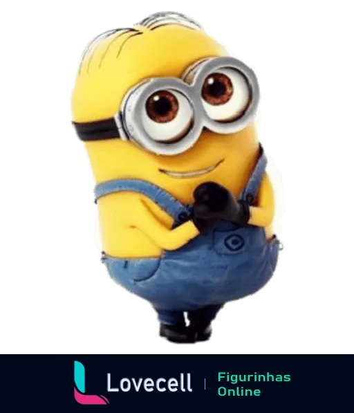 Figurinha de Minion com óculos, personagem de 'Meu Malvado Favorito', em uniforme azul e amarelo, segurando óculos redondos, olhar curioso e amigável