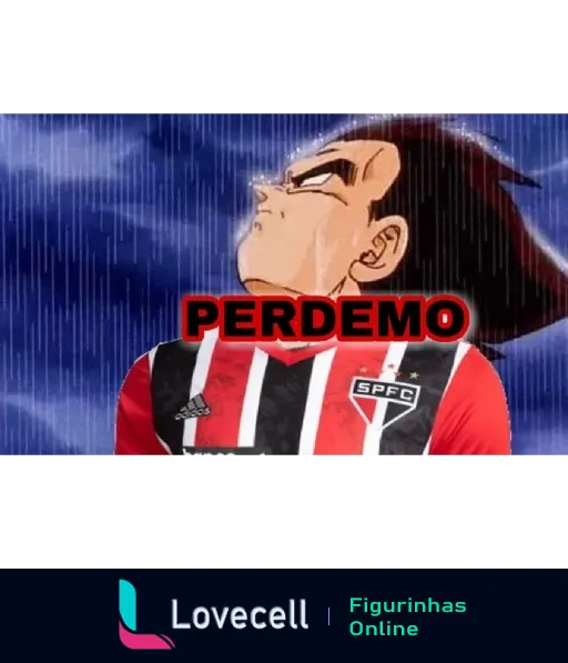 Figurinha de personagem de anime triste com camisa do São Paulo Futebol Clube sob chuva e frase 'PERDEMO'